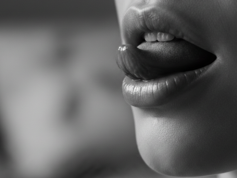 Fotografia artística em preto e branco com foco em close no detalhe de lábios femininos e língua, sugerindo sensualidade. A imagem possui iluminação suave e fundo levemente desfocado.