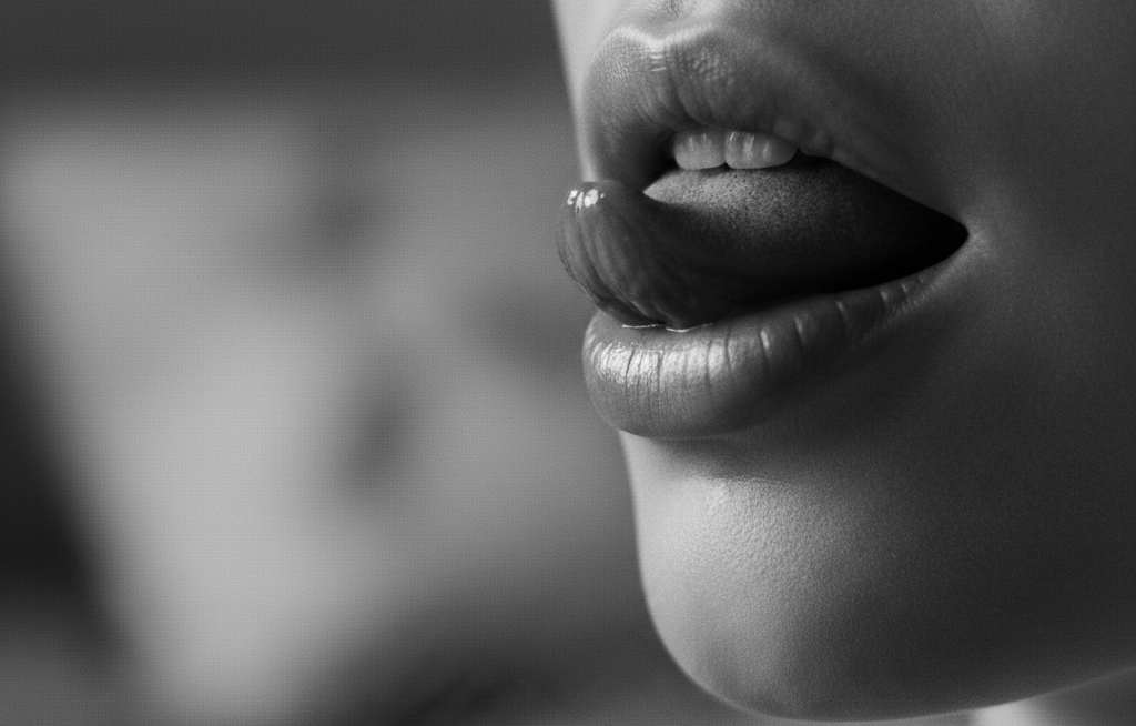 Fotografia artística em preto e branco com foco em close no detalhe de lábios femininos e língua, sugerindo sensualidade. A imagem possui iluminação suave e fundo levemente desfocado.